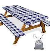 Picnic Table Cover with Bench Covers 3 Pcs Waterproof Windproof Camping Tablecloth with Drawstrin...