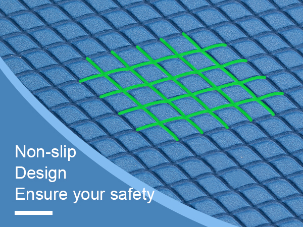 Close-up of blue textured surface with green highlighted squares. Text overlay reads 'Non-slip Design Ensure your safety', indicating anti-slip properties.