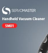 Servomaster handheld vacuum cleaner product preview image showing partial view of grey device body with brand name.