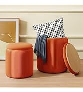 Recximi Orange Round Storage Ottoman Set of 2, Large Velvet Ottoman with Storage, Multifunctional...