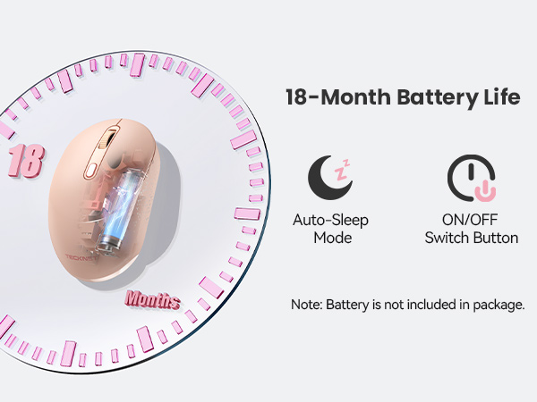 Text reads '18-Month Battery Life', 'Auto-Sleep', 'ON/OFF', 'Note: Battery is not included in package'. Technical diagram showing circular device interface with markings.