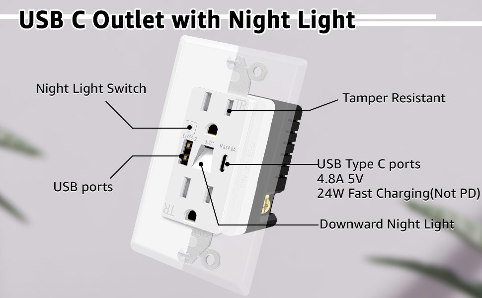  USB C Outlet with Night Light