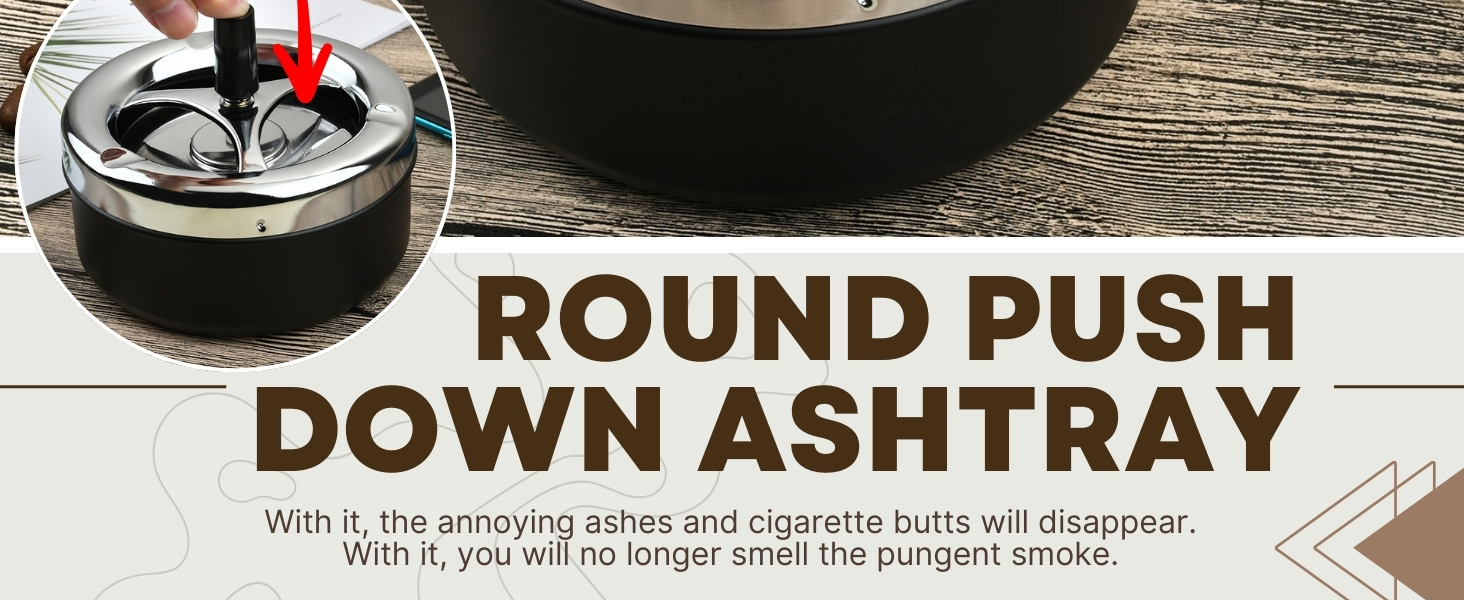 Round Push Down Spinning Metal Ashtray - Black