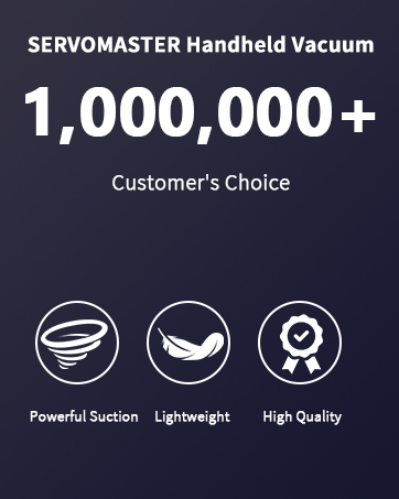 SERVOMASTER Handheld Vacuum product banner highlighting 1,000,000+ customer's choice, powerful suction, lightweight design, and high quality.