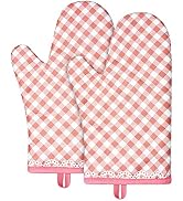 AUAUY Pink Oven Mitts, Kitchen Mittens, 392F Heat Resistant Non-Slip Gloves for Cooking, Baking, ...
