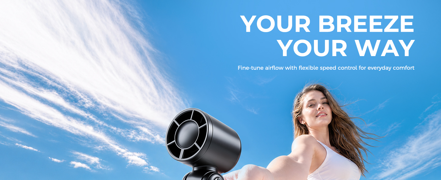 Portable clip-on fan with 100-speed control, 3600mAh battery and 4-in-1 cooling design.