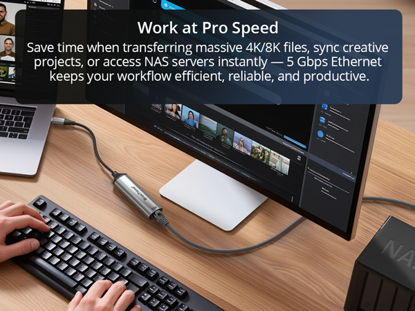 A Man Is Editing and Transferring Files via NAS Using the USB-C to Ethernet Adapter
