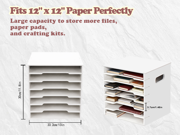 This white desktop organizer has 7 compartments that can hold files up to 12x12inc(30.5 x 30.5cm)