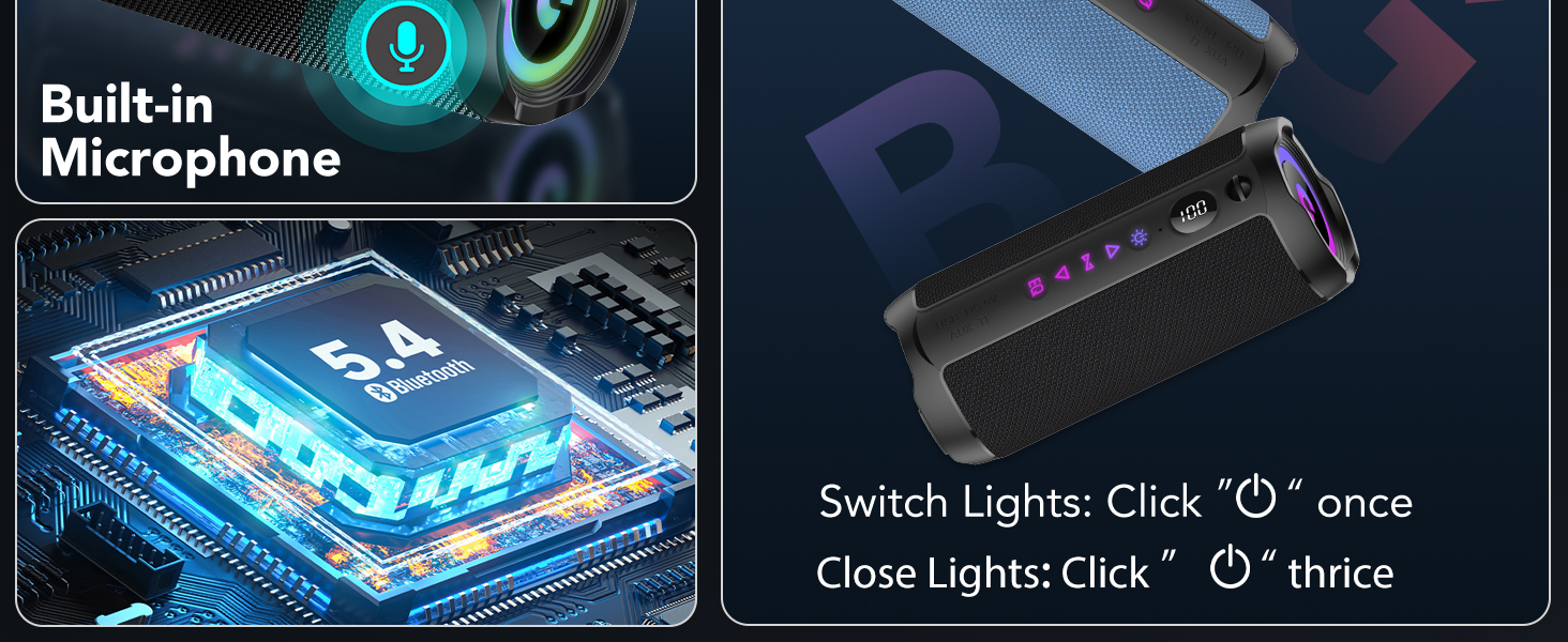 Text reads 'Built-in Microphone', 'Switch Lights', 'Close Lights'. Interface demonstration showing device control options and features.