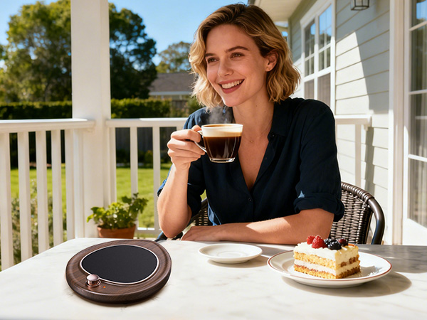 Lifestyle photographs showing outdoor porch setting with coffee and food items on wooden table.