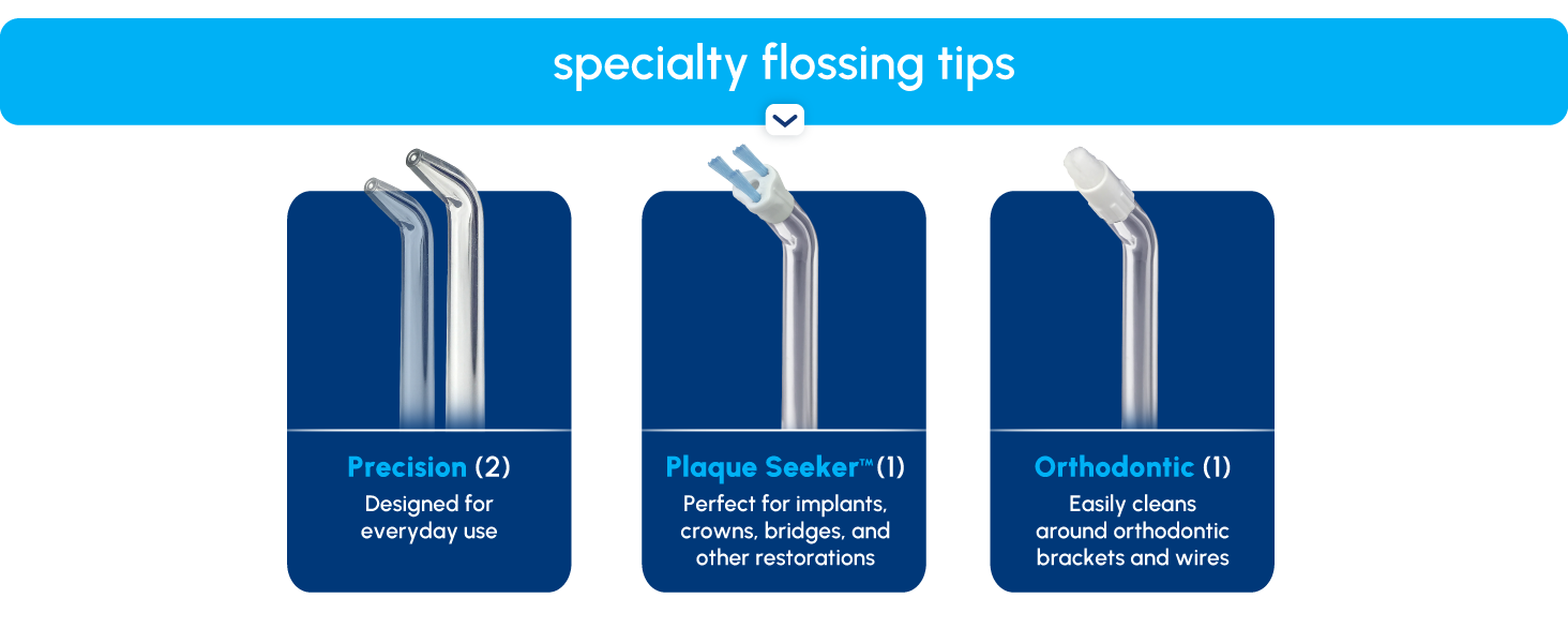 Image of Waterpik tips with text reading specialty flossing tips.