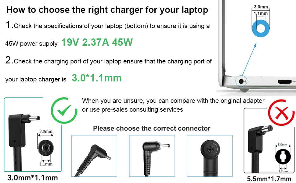 compatible with 45W 3.0*1.1mm acer charger