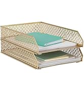 Blu Monaco Gold Desk Organizer Stackable Paper Tray Set of 2 - Metal Two Tier Tray - Stackable Le...