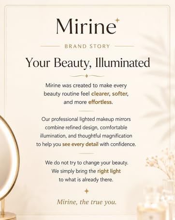 Mirine brand story card for a professional lighted makeup mirror in elegant cream luxury style