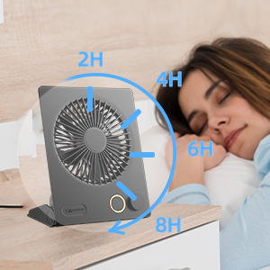 Compact gray desk fan with labeled timing intervals of 2H, 4H, 6H shown on a bedside table.
