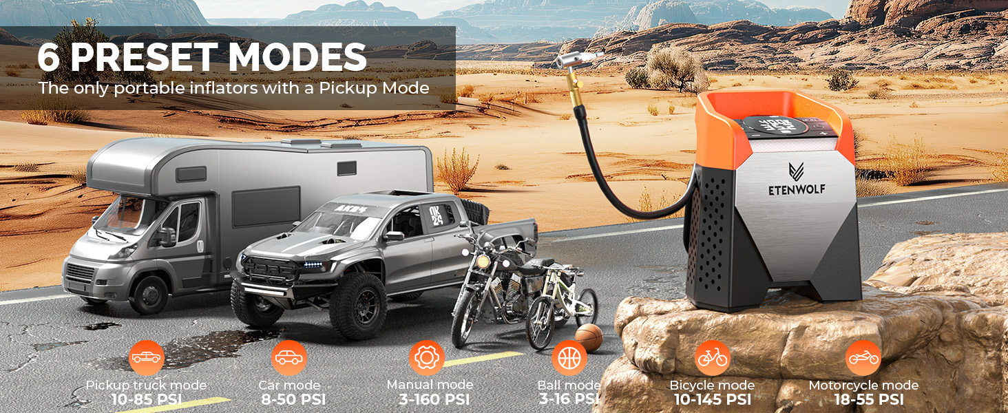 6 modes can inflate 235/55/R20 SUV tire from 30-35 psi in less than 1 minute,gauge accuracy +/-1 PSI