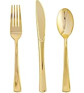 FOCUSLINE 75 Pack Gold Plastic Silverware Disposable Cutlery Set - 25 Forks, 25 Knives, 25 Spoons...
