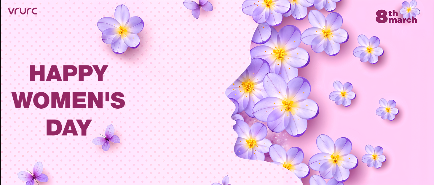 Text reads 'HAPPY WOMEN'S DAY' on pink background decorated with purple and white plumeria or frangipani flowers scattered across the design.