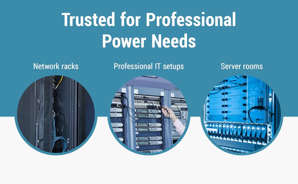 Three circular images show a network rack, an IT equipment rack, and a server room.