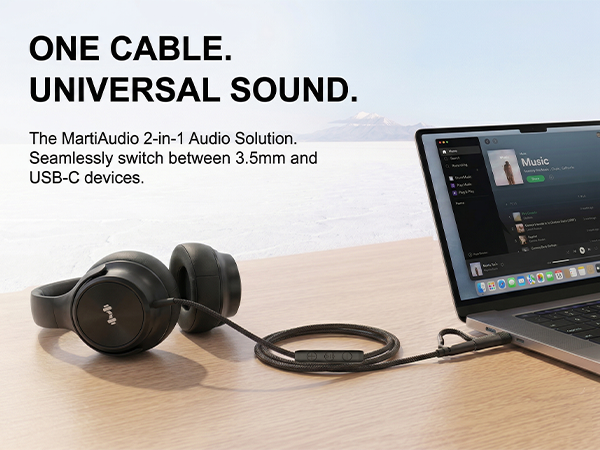 MartiAudio headphones showing universal compatibility with USB-C and 3.5mm audio jacks.