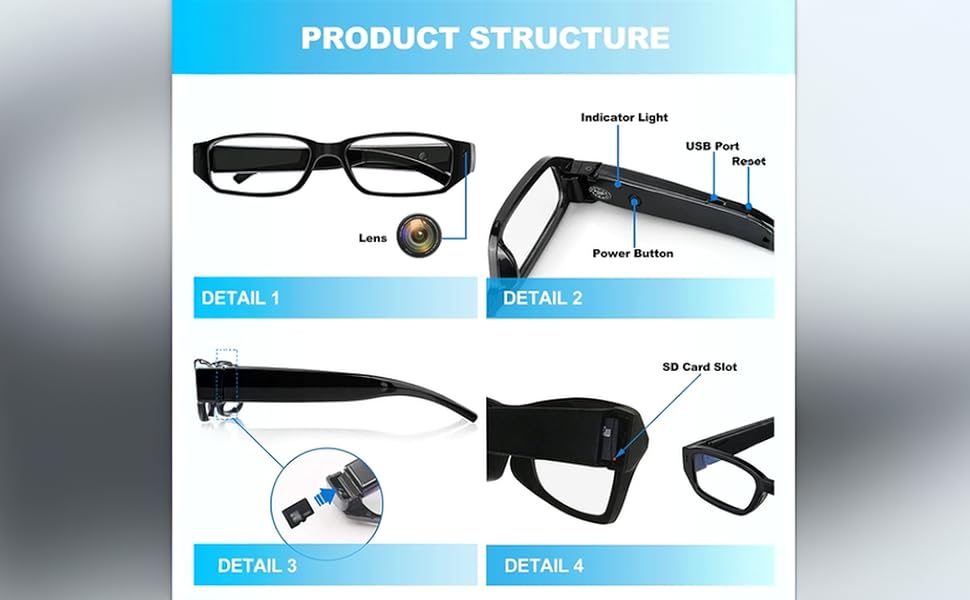 Spy camera glasses,Hidden camera glasses,Wearable camera,Recording glasses