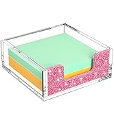 Rulyyo Acrylic Notepad Dispenser Organizer - 3 x 3 in Clear and Glitter Pink Sticky Note Holder W...