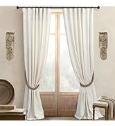 Cream Linen Patterned Curtain 84 Inch Length for Living Room 2 Panel Back Tab Pinch Pleated Pocke...