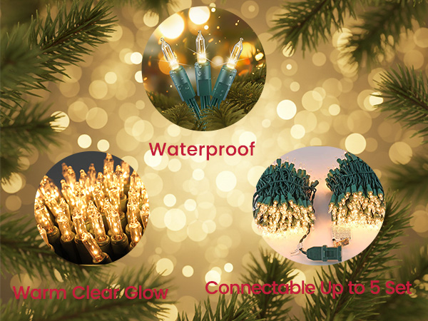 Holiday mini string lights featuring warm clear glow outdoor waterproof design