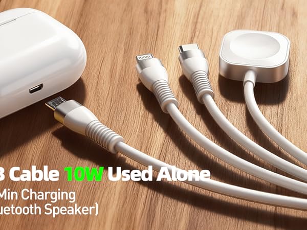 This retractable 4 in 1 charging cable features a Micro USB port for charging other devices.