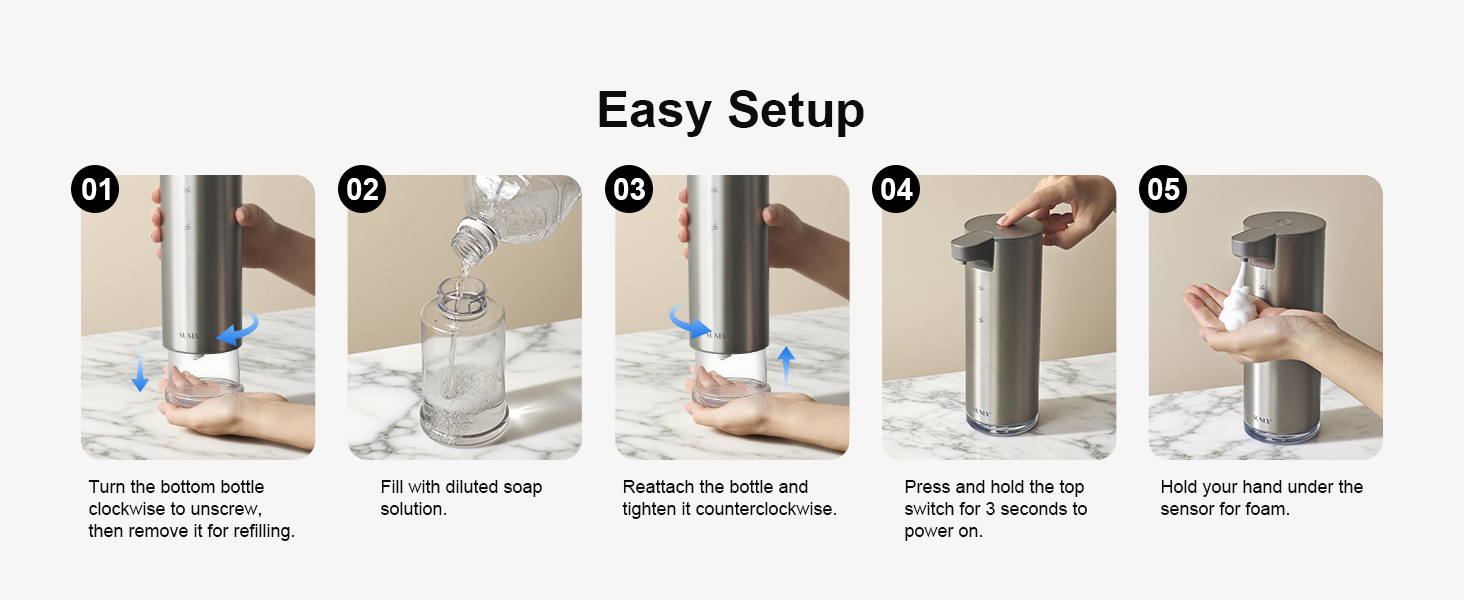 Easy setup soap dispenser, twist open, fill soap, press button to start, no tools needed.
