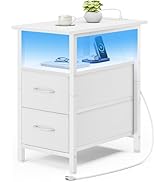 Vagusicc White Nightstand with Charging Station and LED Lights, Narrow Side Table, LED Night Stan...