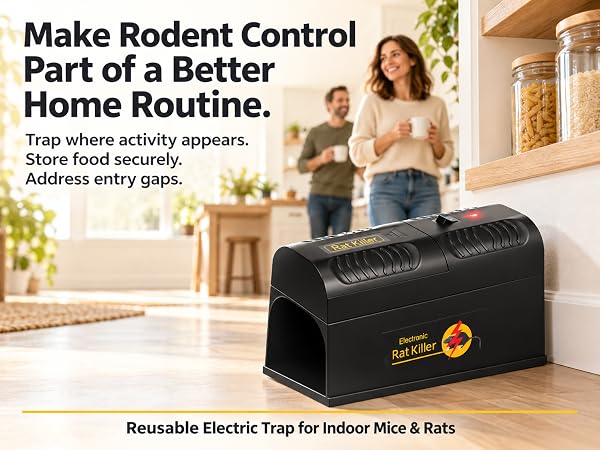 Family in an organized kitchen with sealed food storage and four reusable electric rodent traps.