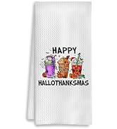 COWEB Happy Hallothanksmas Kitchen Towels - Seasonal Thanksgiving Halloween Skull Dish Towels, Fa...