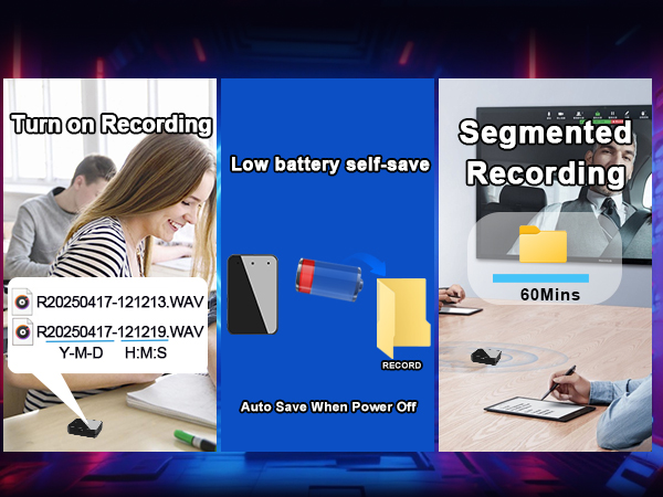 features of a recorder: turn-on recording, automatic save on low battery, and segmented recording.