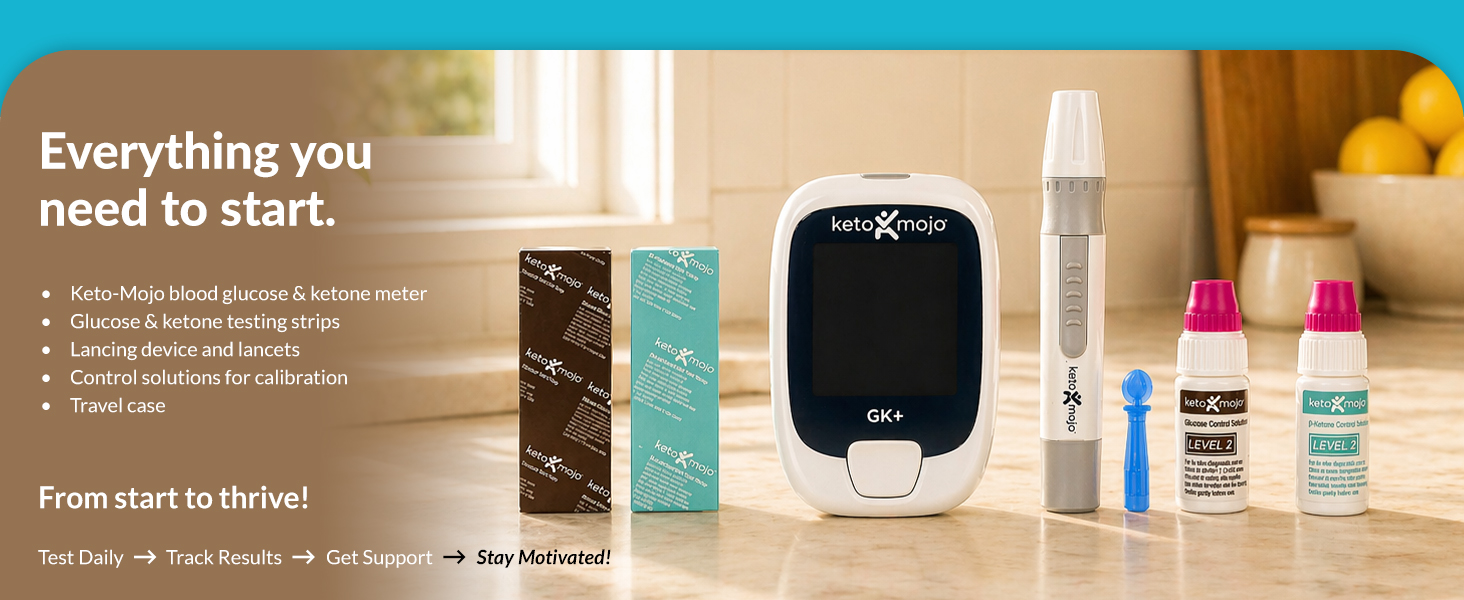 Everything you Need: The Keto-Mojo complete testing kit with lancets, testing strips and the meter