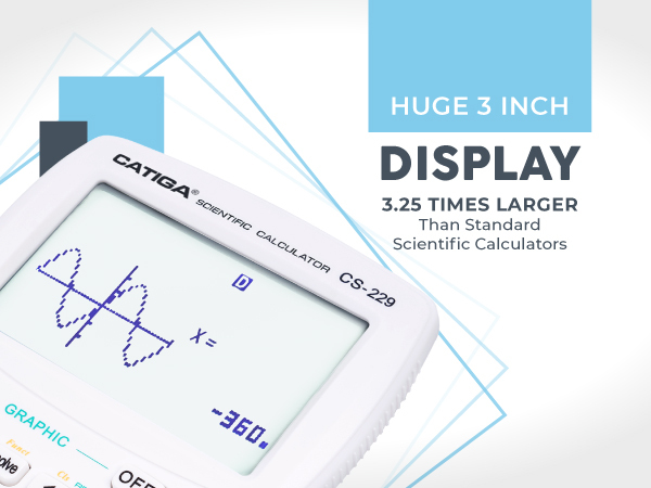 Catiga scientific calculator with large 3-inch display, showing mathematical graph. Text highlights display is 3.25 times larger than standard calculators.