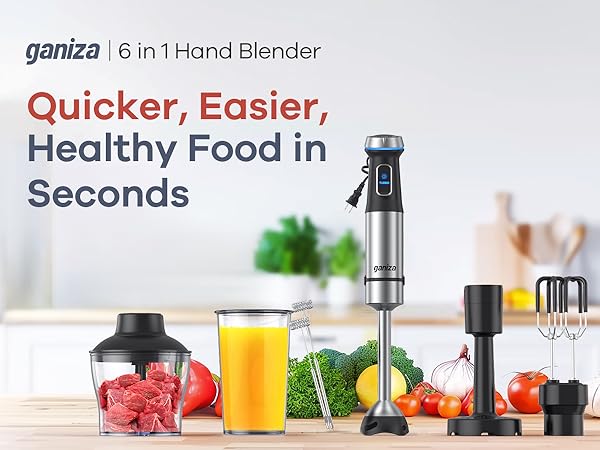 Ganiza 6 in 1 hand blender With Mixing Beaker, Chopper, Puree Masher, Whisk and Milk Frother