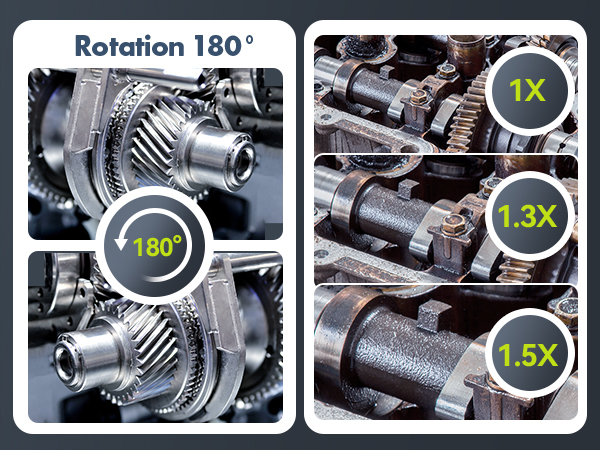 Automotive gears diagram showing 180-degree rotation and magnification levels of 1X, 1.3X, and 1.5X for mechanical components.