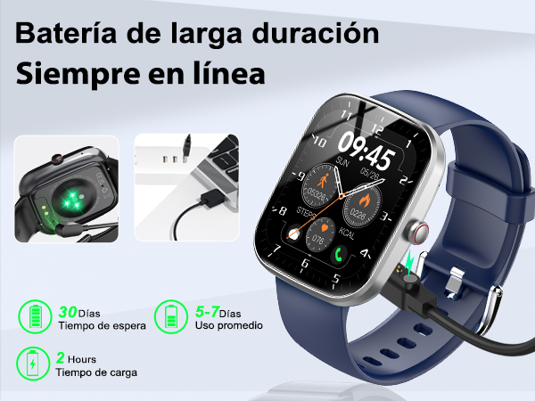 Smartwatch with square face and navy band, displaying time and fitness stats. Charging dock and battery life indicators shown.