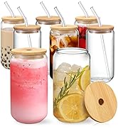 [ 8pcs Set ] Drinking Glasses with Bamboo Lids and Glass Straw - 16oz Can Shaped Glass Cups, Beer...