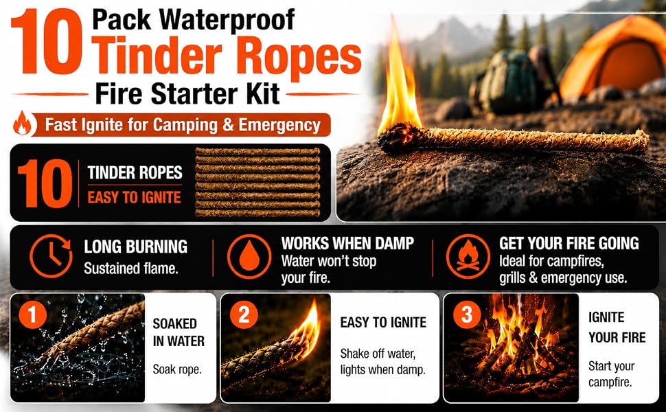 10 Easy-Ignite Tinder Ropes: Long Burn, Damp-Proof for Camping &amp; Emergencies