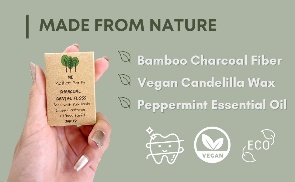 vegan bamboo charcoal dental floss refillable glass container candelilla wax oral care