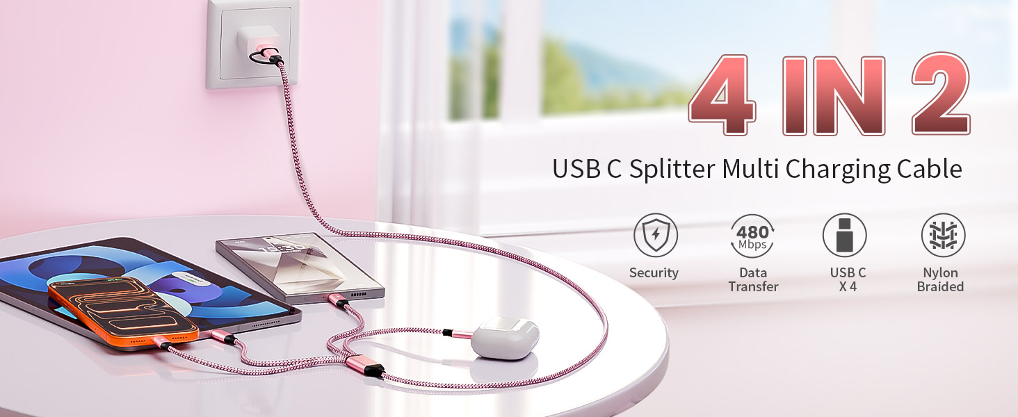 4 IN 2 USB C Splitter Multi Charging Cable