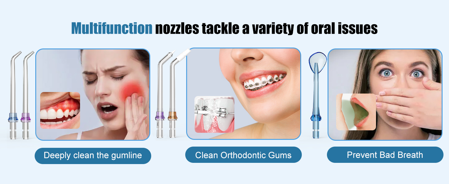 The h2ofloss water flosser comes with 13 tips for a variety of dental needs