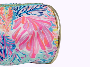 lilly pulitzer pencil pouch gold details zipper logo plaque carrying handle travel on the go