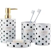 Bathroom Accessory Set, 4 Pcs Black Polka Dots Ceramic Bathroom Cabinet with Soap Dispenser Soap ...