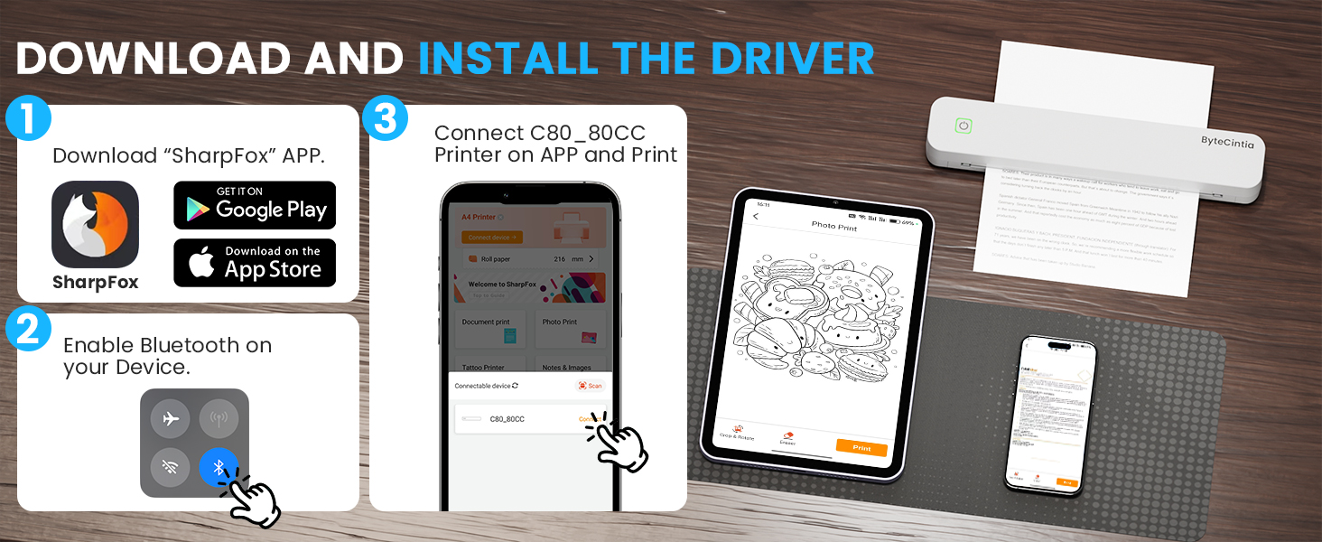 Text reads 'DOWNLOAD AND INSTALL THE DRIVER'. Screenshot showing mobile app interface with QR code and printer icons on dark background.