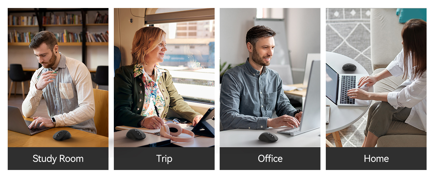 Four-panel product usage demonstration showing wireless mouse being used in different settings: study room, travel, office, and home environments.