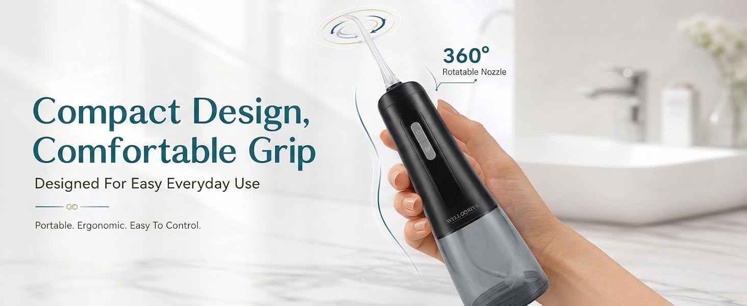WELLOORIYA Compact Ergonomic Water Flosser With 360° Rotatable Nozzle