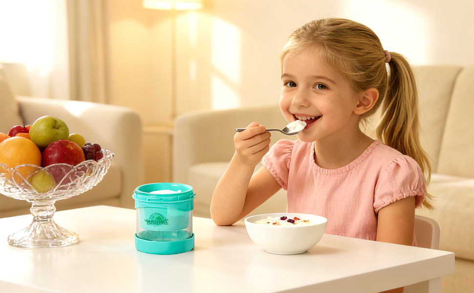 A child is eatting the yogurt from this strainer.